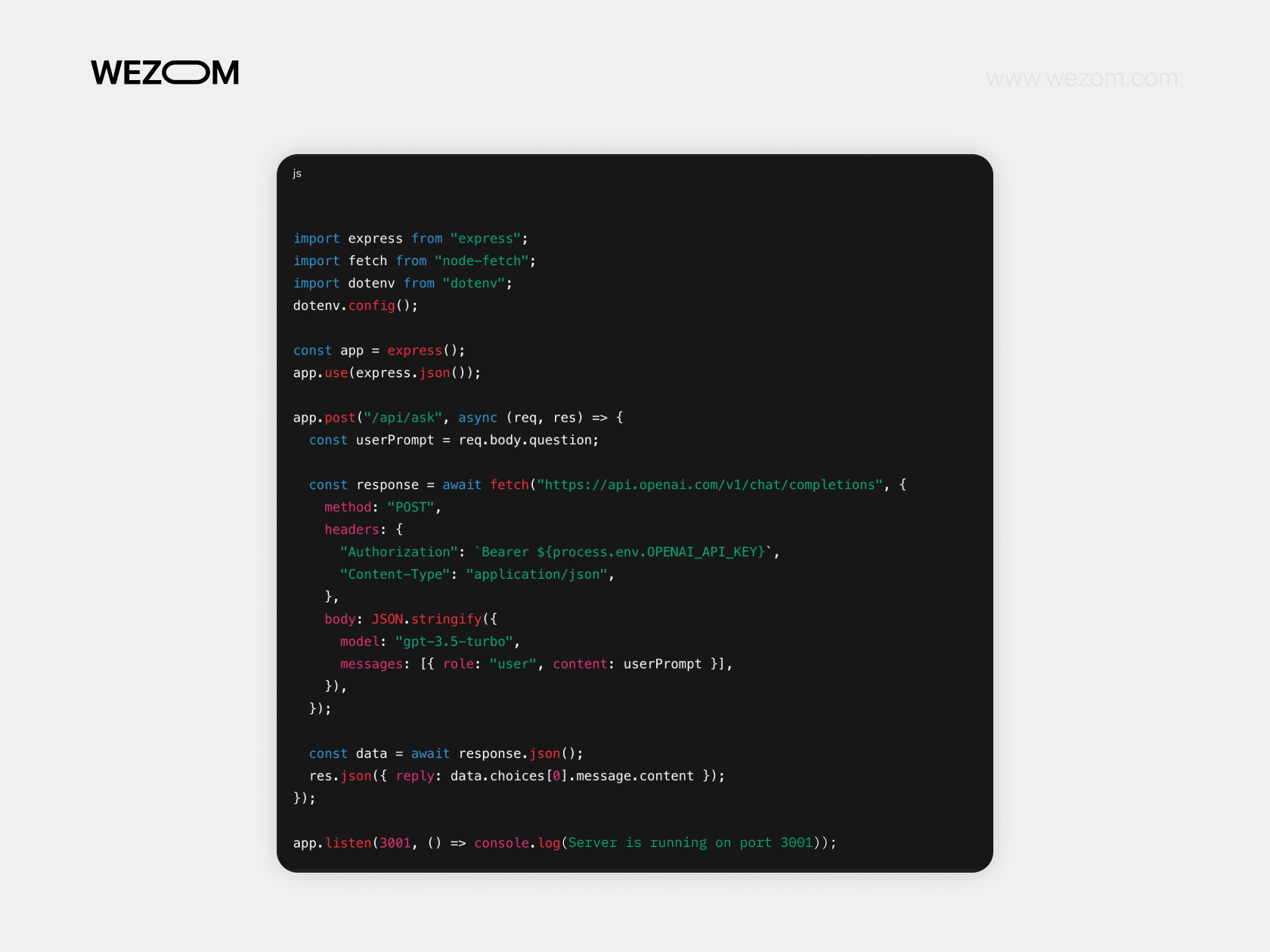 Node.js Express backend code integrating OpenAI API to create chat completions with gpt-3.5-turbo